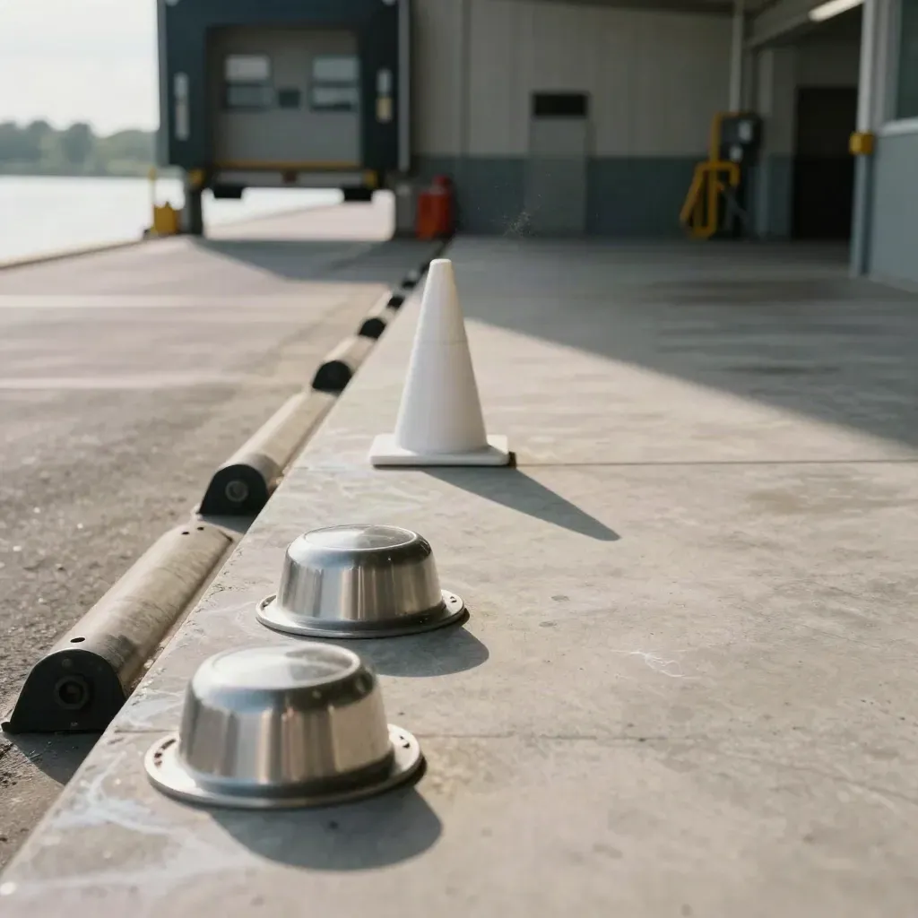 Clean warehouse dock ledge with sealed vents and a small inspection cone, in warm daylight.