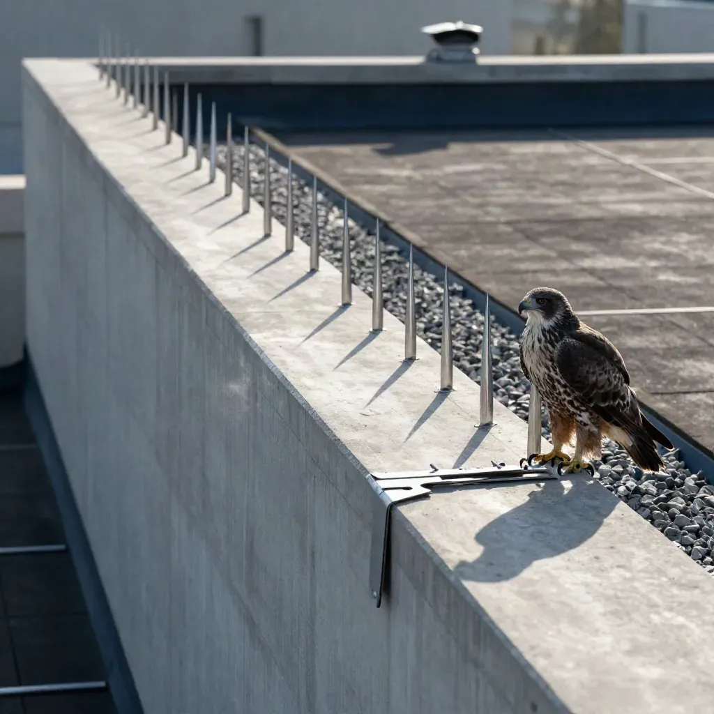 Rooftop spikes, mesh, and hawk perch on a clean commercial roof in dramatic light.