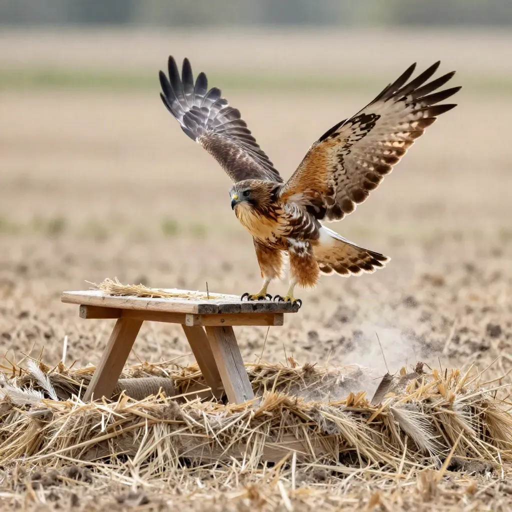 Hawk launching from a straw-bale demo perch, dust and feathers in motion.