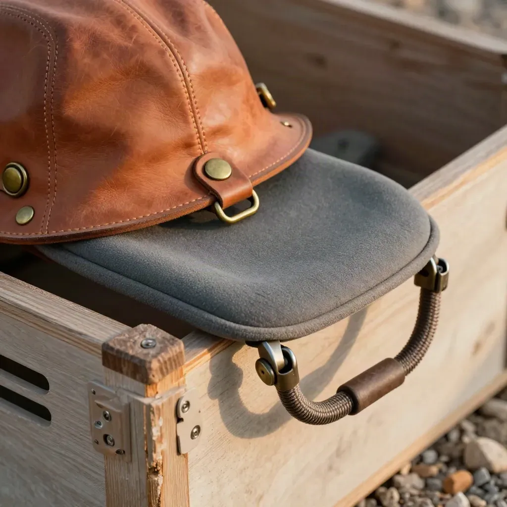 Travel hood, perch, tether hardware, and crate on gravel in warm late light.
