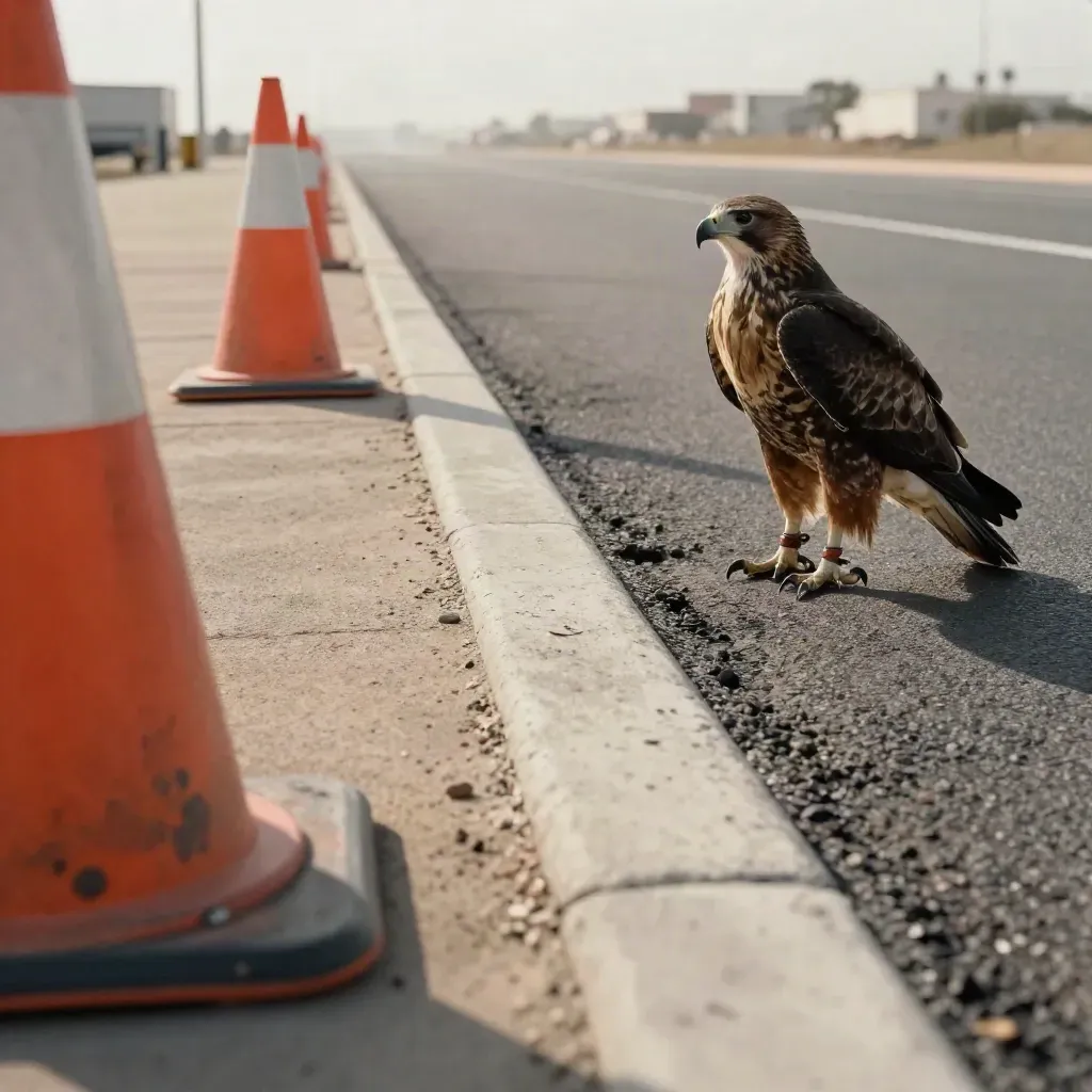Airport apron edge with cones, runway tarmac, and a falcon perch in desert heat haze.