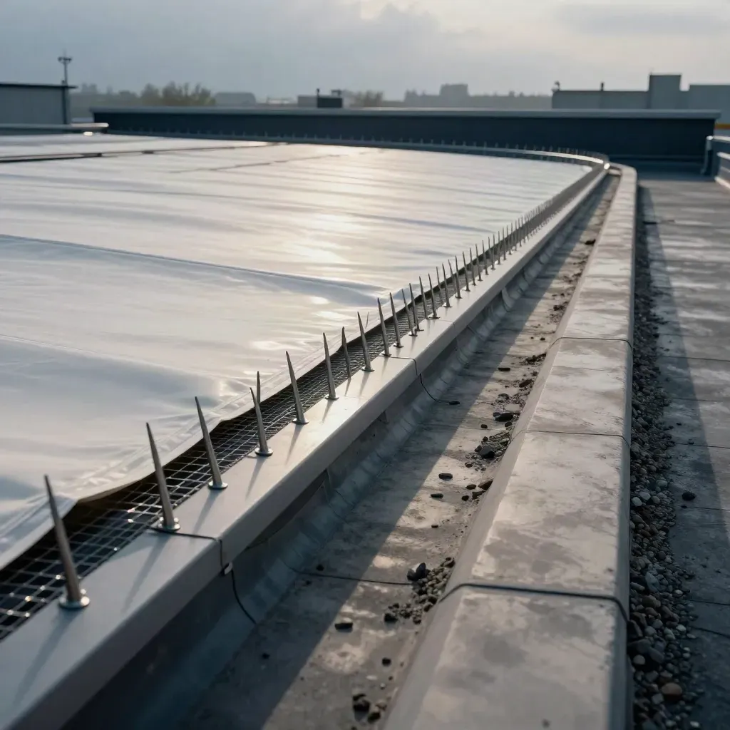 Cold storage roof edge with bird spikes and mesh, swept clean under cool light.