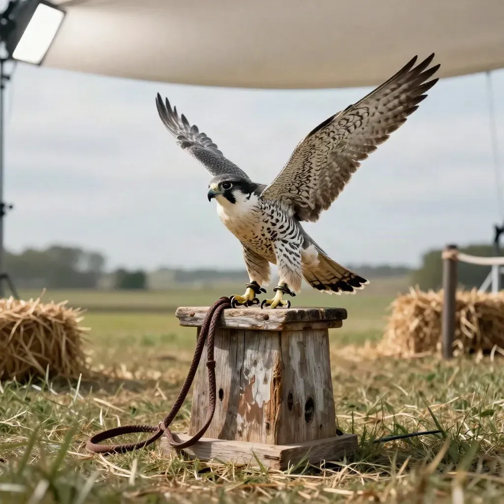 Falcon settling on a weathered landing block beside hay bales and rope stanchions in a grassy show ring.