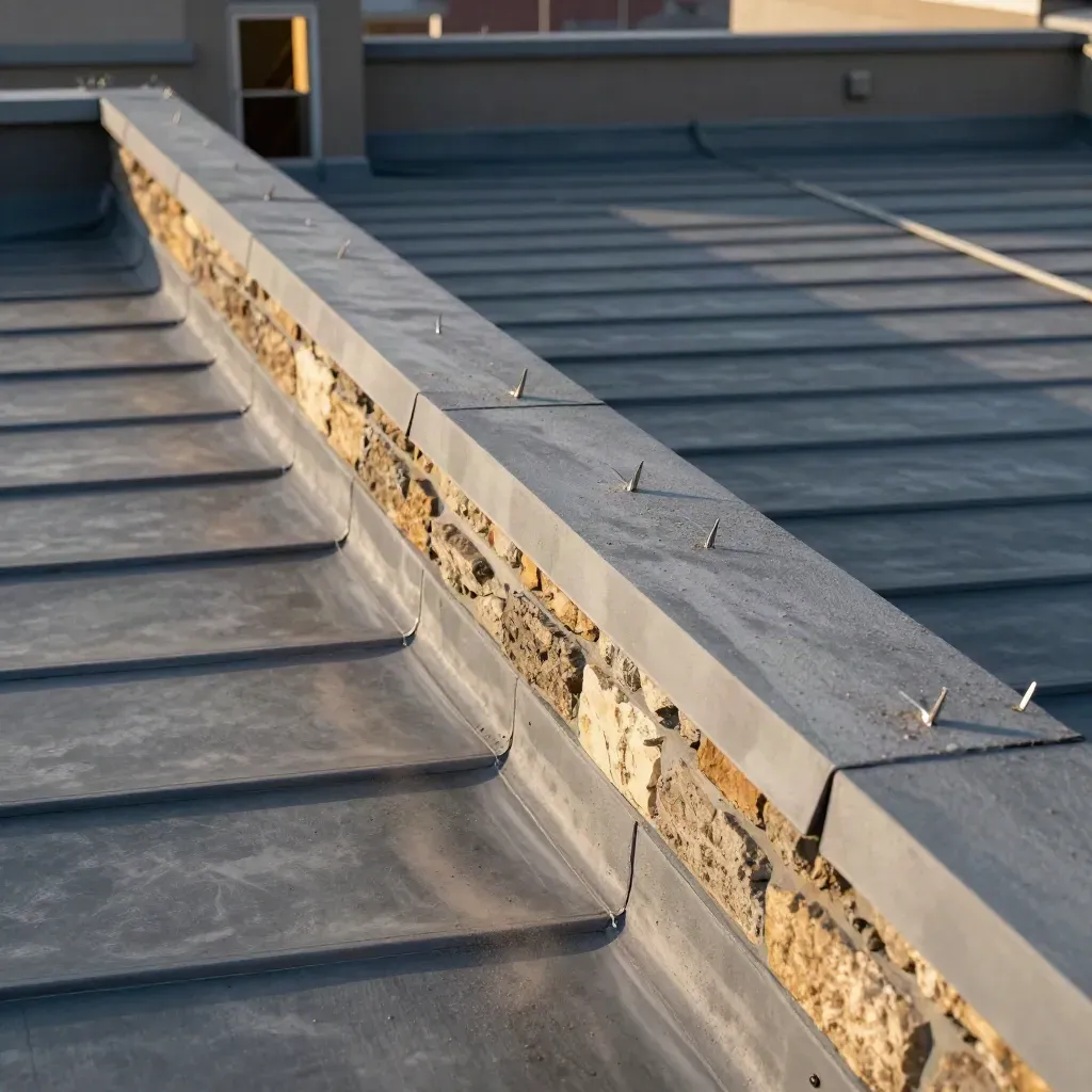 Quiet rooftop parapet with bird spikes, swept gravel and sealed vents in warm afternoon light.