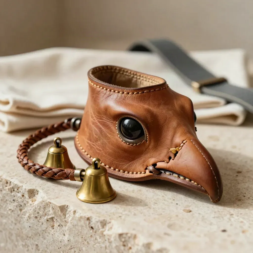 Macro falcon hood with braided jesses and brass bells on pale travertine.
