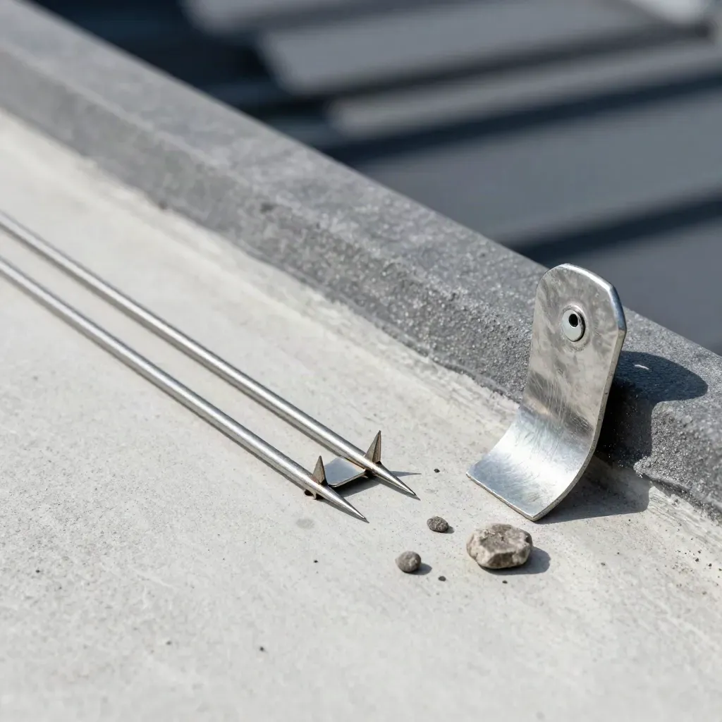 Bird-spike strips and roof anchor clip on pale concrete with gravel sample
