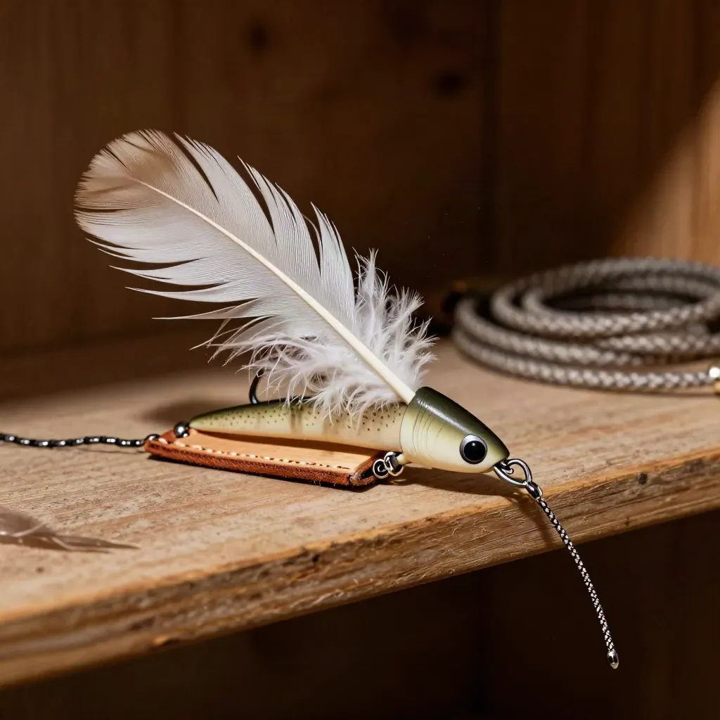 Feathered lure, split jesses, and a perch block on an oak shelf in a falconry mews.