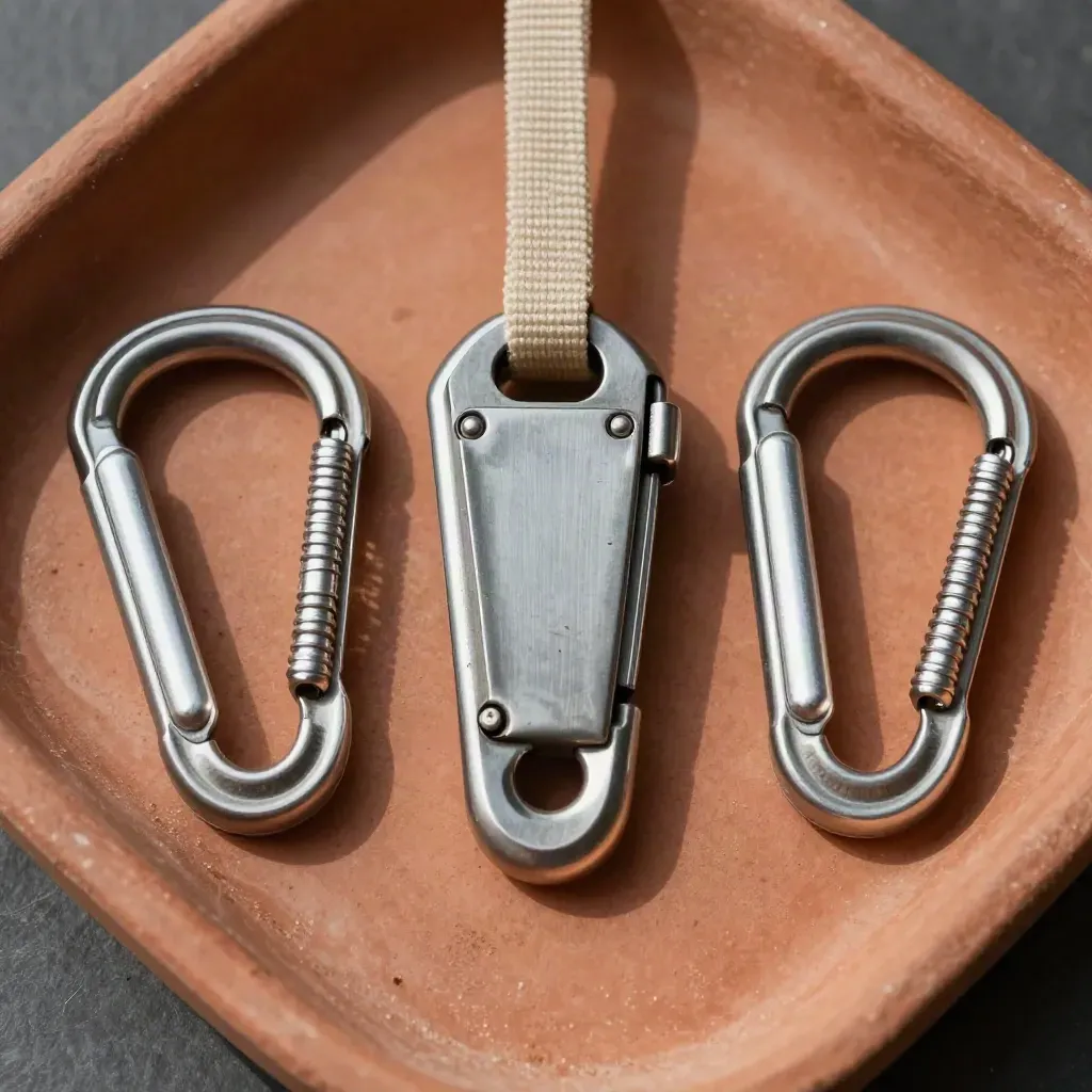 Top-down falconry field hardware laid out on terracotta clay with a latch centered
