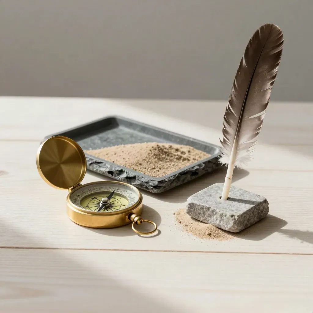Brass compass, roof-grit tray, feather and stone marker on pale wood.