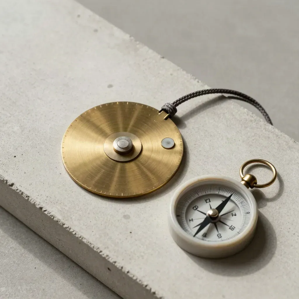 Brass timing disc, zone markers, cord loop, and stone compass on pale concrete.