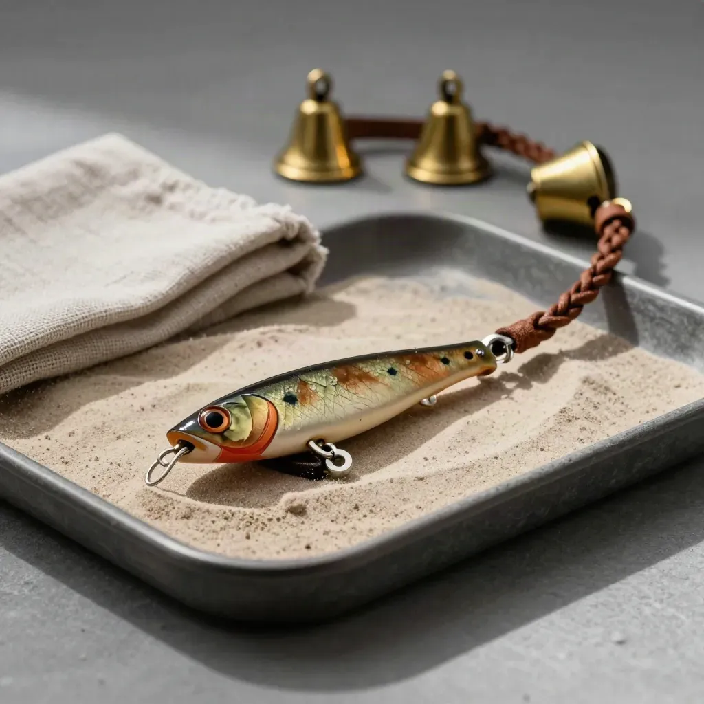 Leather lure, brass bells, braided jesses and perch block in pale sand on a stone tray.