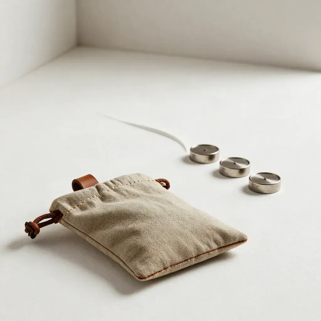 Waxed field log pouch with metal tally tokens and a site marker on pale plaster.
