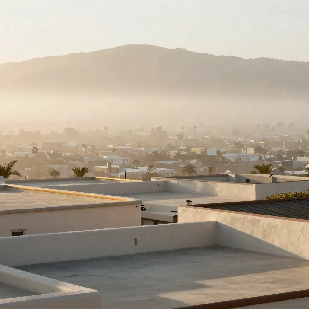 Hazy Southern California basin with pale stucco roofs and distant mountains under warm light