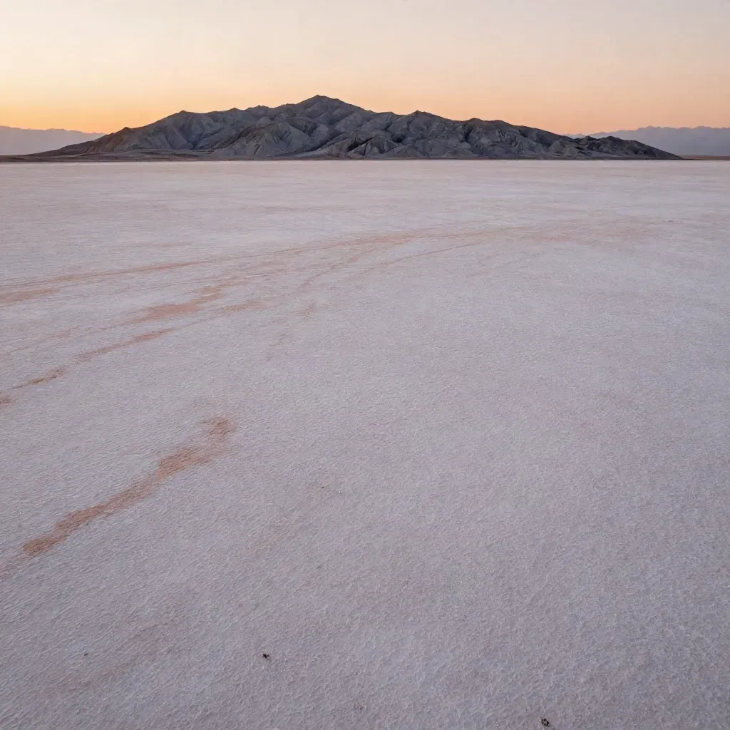 Nevada salt flat with distant ridge under warm haze and open pale foreground