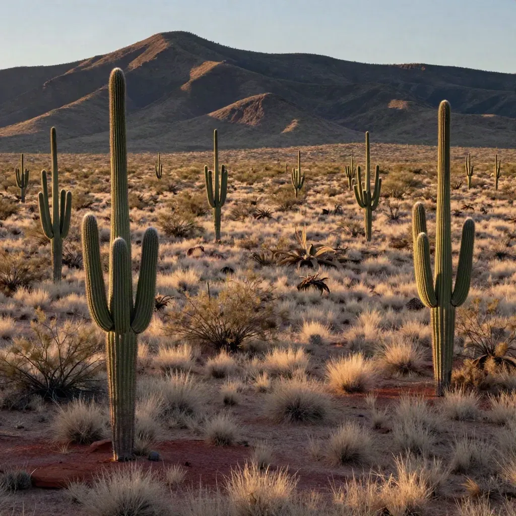 Sonoran desert at golden hour with saguaros, red earth, and a low ridge above calm open sand.