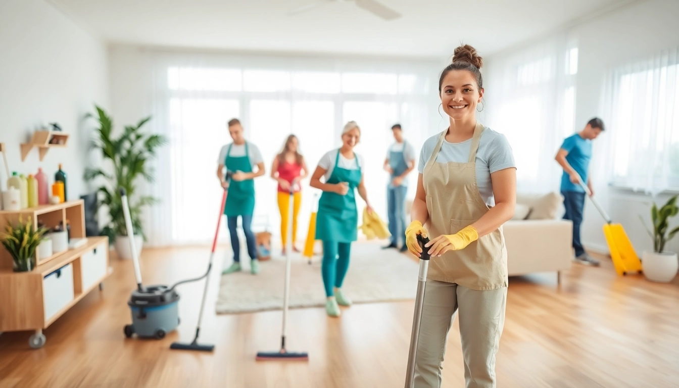 Engaging cleaning service team providing exceptional cleanliness in a sunlit home, promoting joy and professionalism.