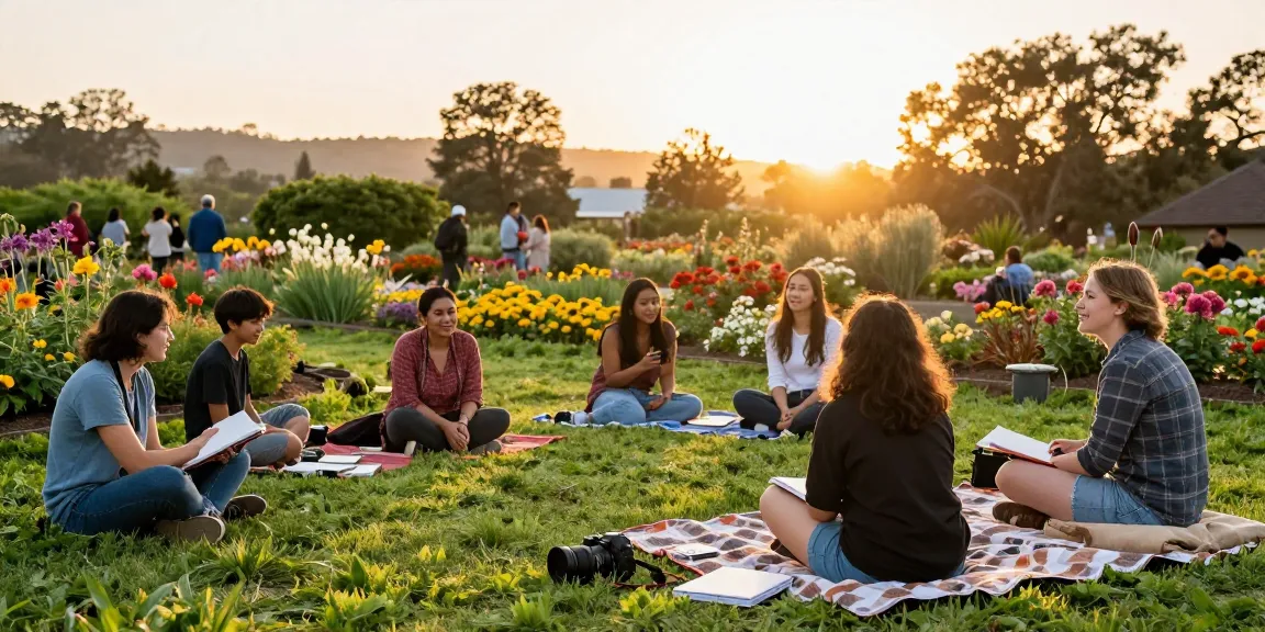 Explore the stunning gardens at https://www.thecapayvalleygardentour.com with diverse tourists enjoying blooming flowers.