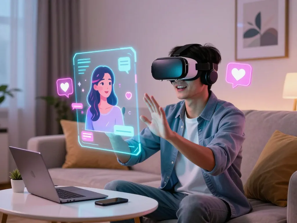 Engaging scene of a person interacting with an AI girlfriend in virtual reality, showcasing modern companionship technology.