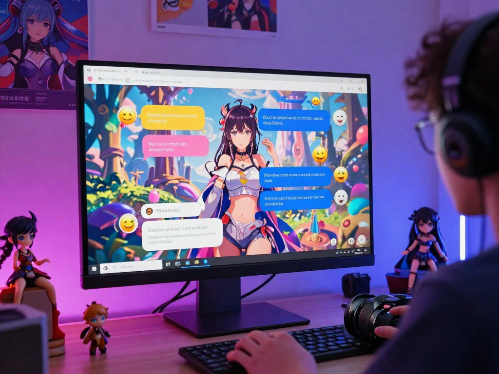 Engaging scene of hentai ai chat interaction with colorful anime art and virtual assistant interface.