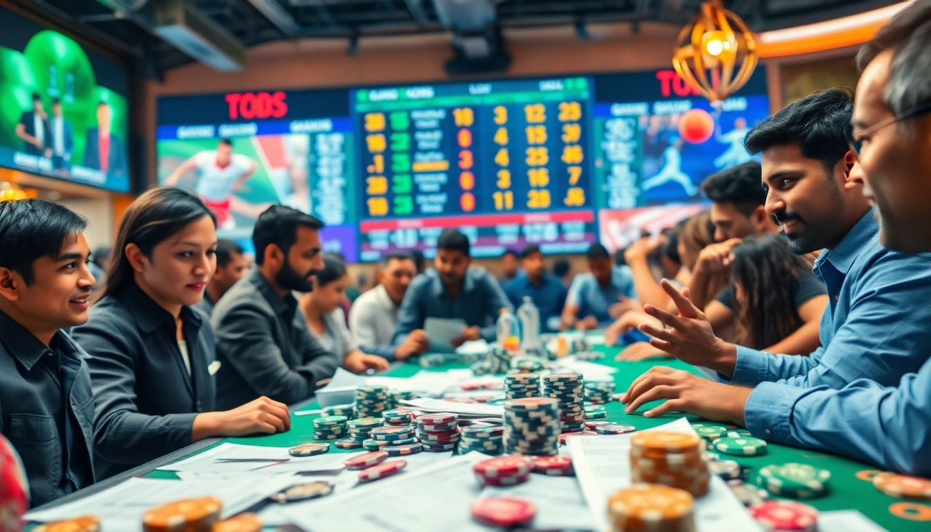 Engaged bettors exploring sports betting sites India with dynamic odds and colorful betting materials.