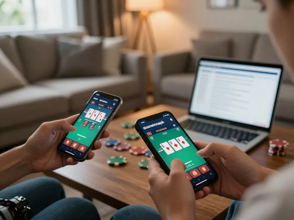 Engaged users playing with the sunwinapk casino app on their smartphones in a cozy home setup.