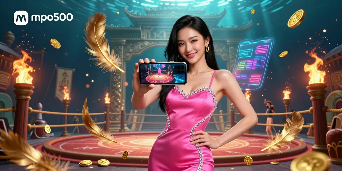 Engage in thrilling casino excitement with mpo500, showcasing a stunning woman with a smartphone in a vibrant gaming atmosphere.