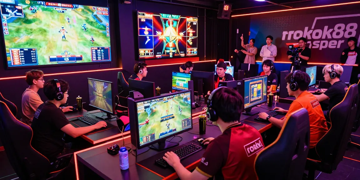 rokok88 super gaming competition scene featuring players in a vibrant esports arena