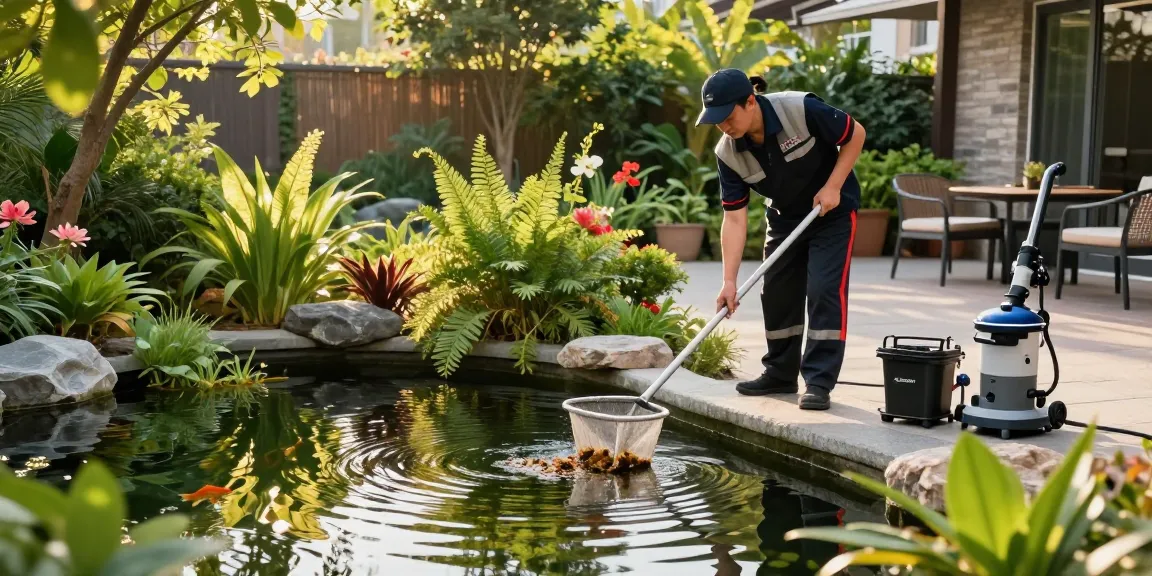 Pond Clean London service in action with a professional cleaner maintaining a vibrant garden pond, ensuring a clean and healthy aquatic environment.