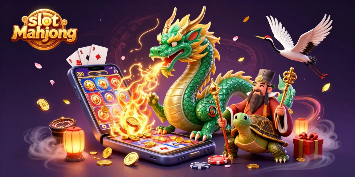 Experience the excitement of slot mahjong with vibrant dragons and turtles amidst a rich casino atmosphere.