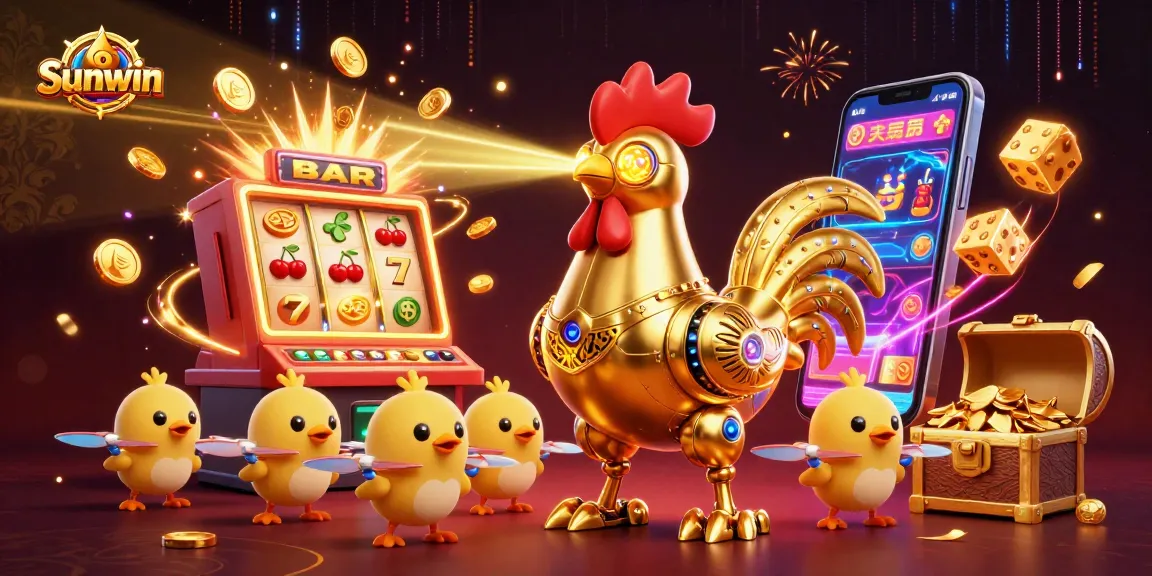 Sunwin offers thrilling gaming with a retro-futuristic golden rooster robot and baby chick drones.