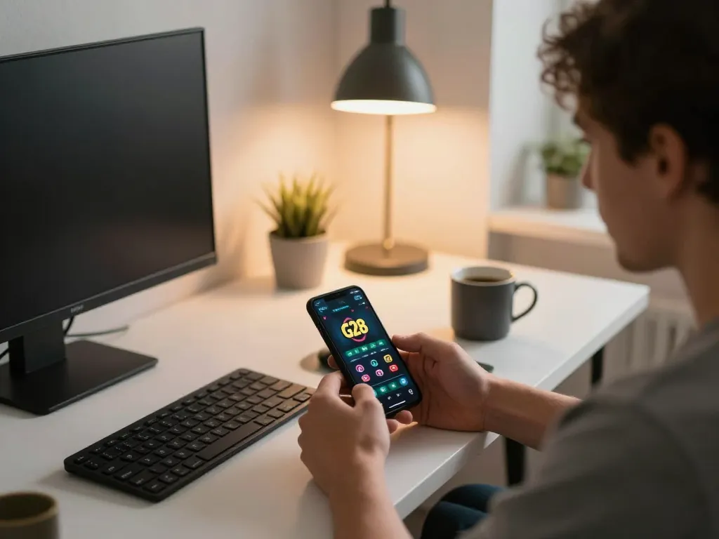 g28 trang chủ user engaging with online gaming on smartphone in cozy home office