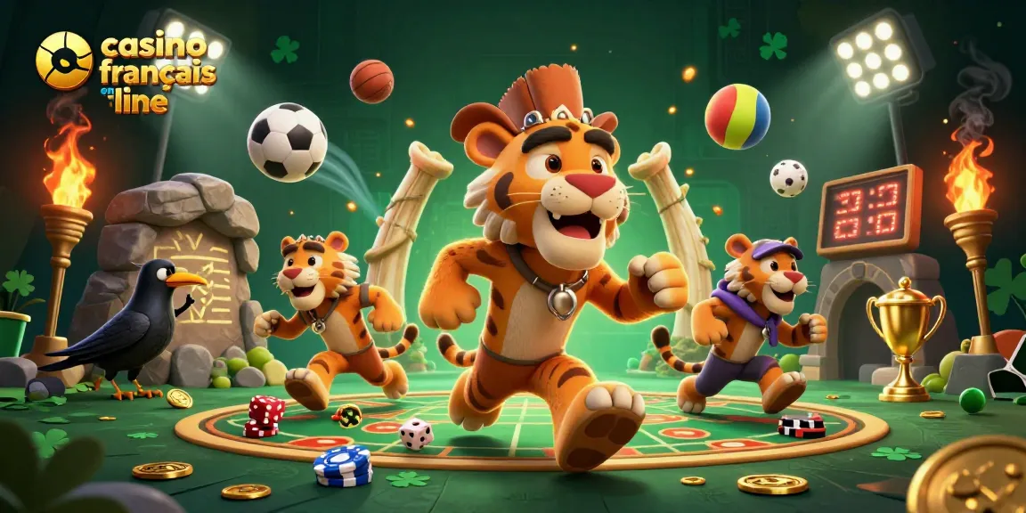 Venez jouer dans un casino français en ligne avec des personnages colorés et des éléments de jeux riches.