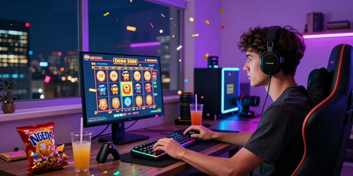 Player celebrating a win in a vibrant online gaming setup focused on slot depo 5000.