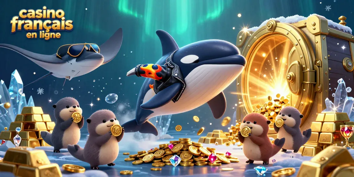 La scène colorée de casino français en ligne avec un orque et des otaries affichant des pièces d'or.
