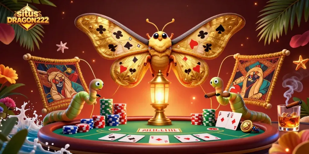 Experience excitement at situs DRAGON222 with this vibrant casino-themed illustration featuring a majestic moth and poker elements.