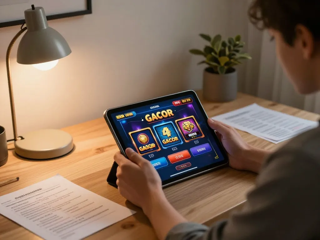Engaging in slot gacor gaming on a tablet while strategizing at a cozy desk