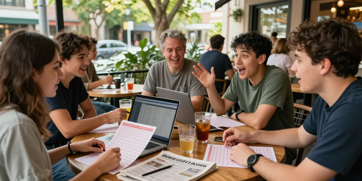 Diskusi angka untung dalam suasana kafe dengan suasana ceria dan strategi lotere.