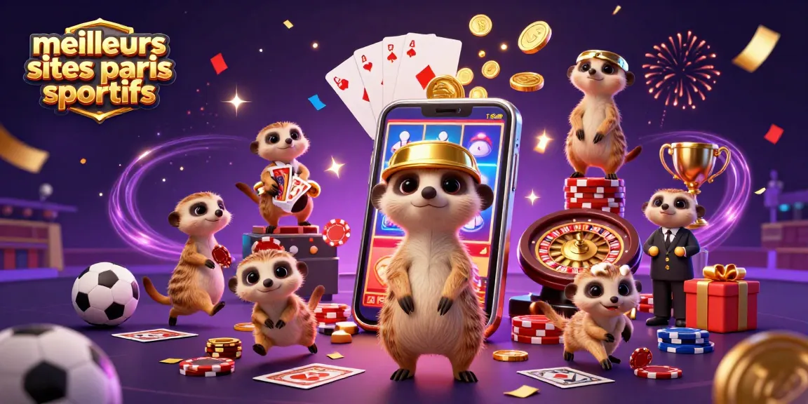 Découvrez les meilleurs sites paris sportifs avec une scène animée de suricates gérant un casino extravagant.