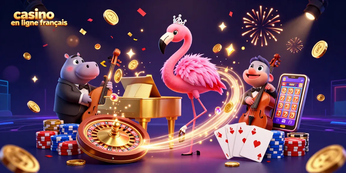 Vibrez avec le divertissement casino en ligne francais, mettant en scène une chanteuse flamant et un bassiste hippo dans un décor d'argent.