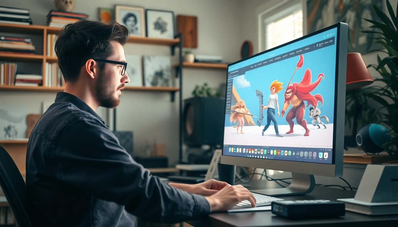 3D Animation artist creating vibrant character models in a professional studio.