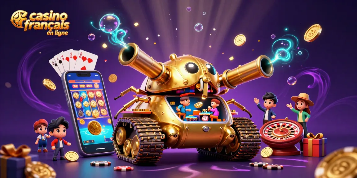 Casino français en ligne avec un tank doré en 3D abritant un mini-casino et des éléments de jeu autour.