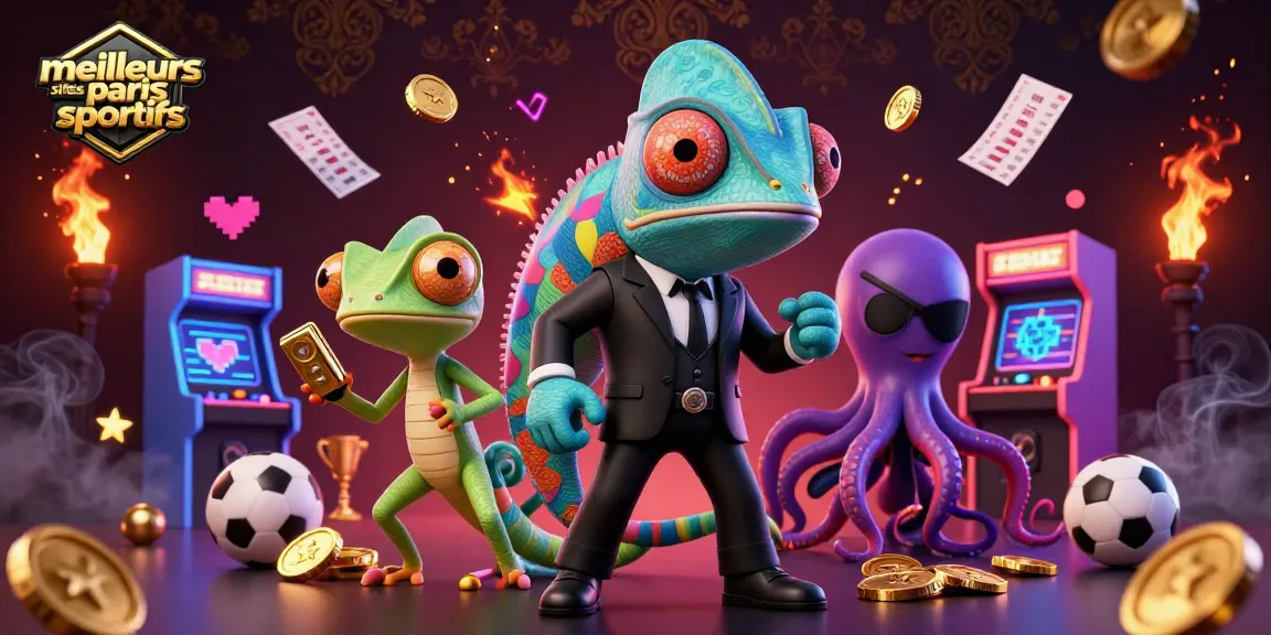 Image de meilleurs sites paris sportifs avec un caméléon agent secret, un gecko et une pieuvre, entourés d'éléments de jeu.