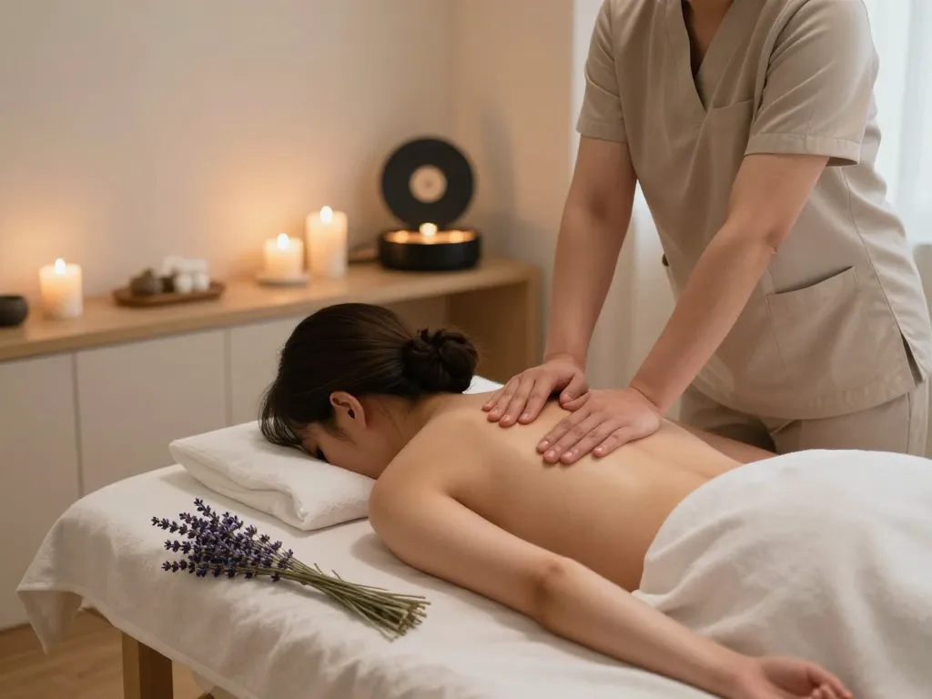 Experience soothing 인계동마사지 in a tranquil therapy room with calming elements.