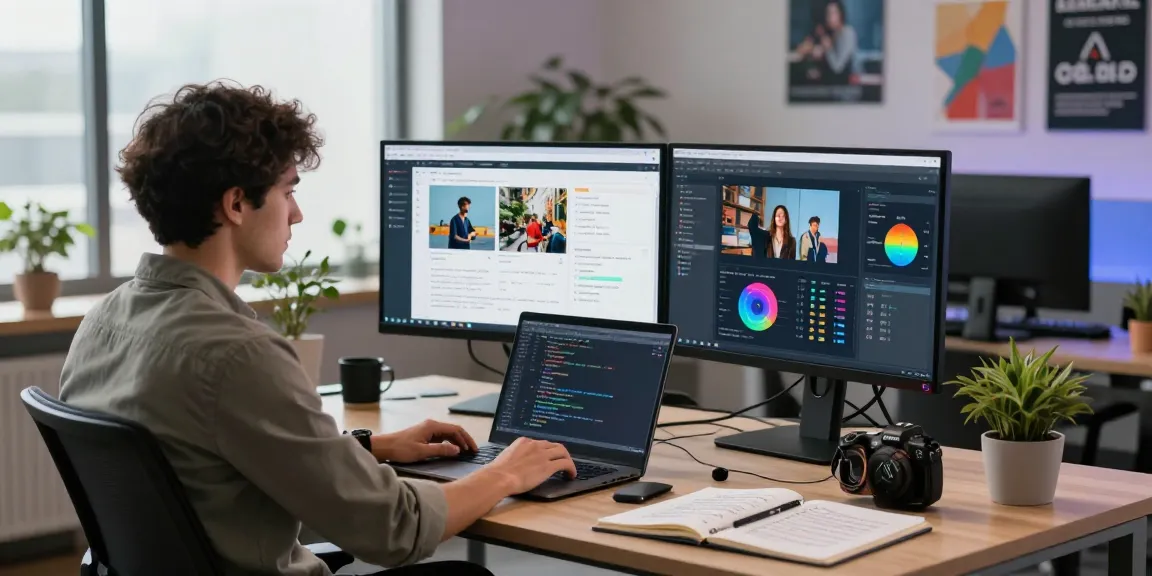 AI image checker interface displaying analysis results on dual monitors in a tech workspace.