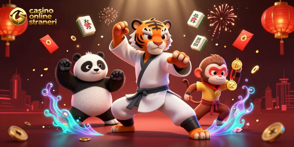 Illustrazione coinvolgente di casinò online stranieri con personaggi dei cartoni animati tra elementi vibranti del casinò.
