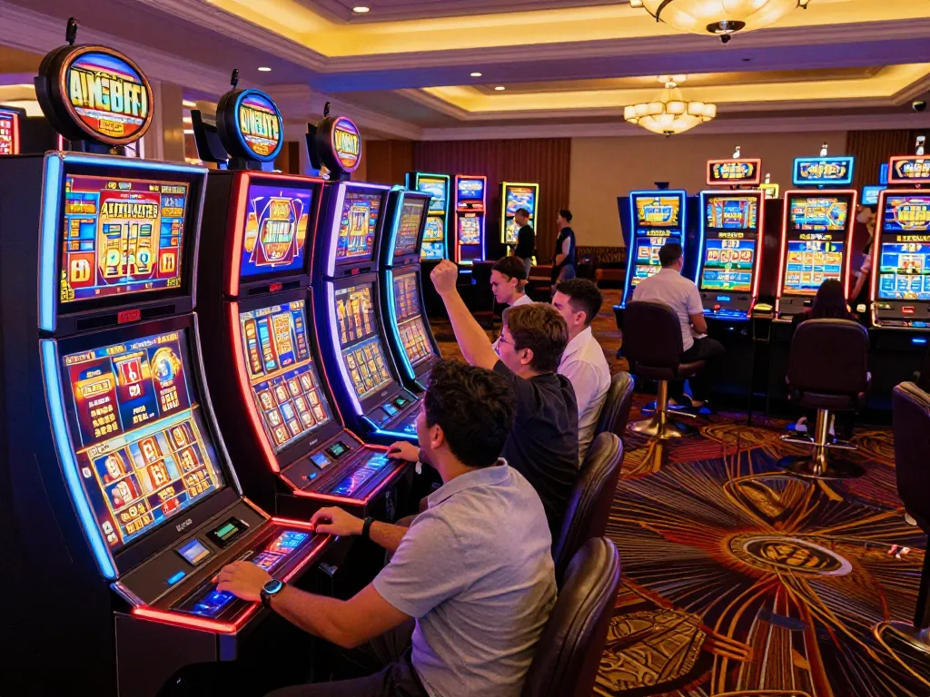 Joyful player celebrating a win at casino americani online with colorful slot machines and vibrant atmosphere.