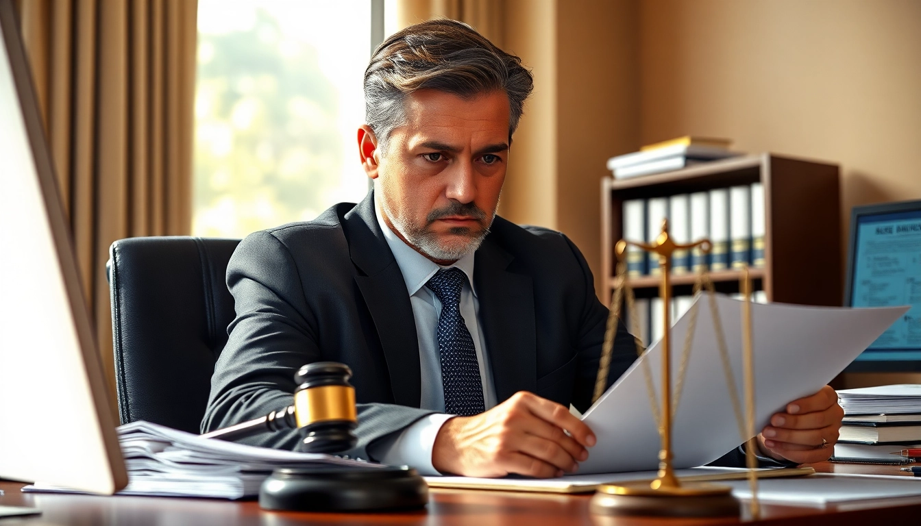Truck accident attorney Clearwater reviewing case files in a professional office setting.