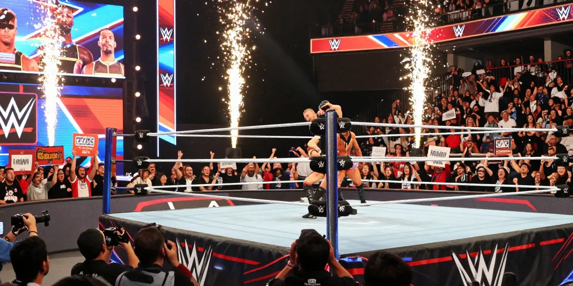 WWE fans cheering at a live wrestling event with energetic atmosphere