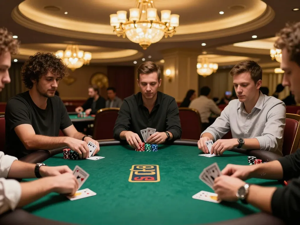 B52club players enjoying an intense poker game with vibrant chips and winning hands in a luxurious casino setting.