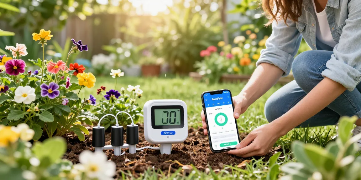 Homeowner setting up RainPoint WiFi watering system in a vibrant garden, showcasing smart gardening technology.